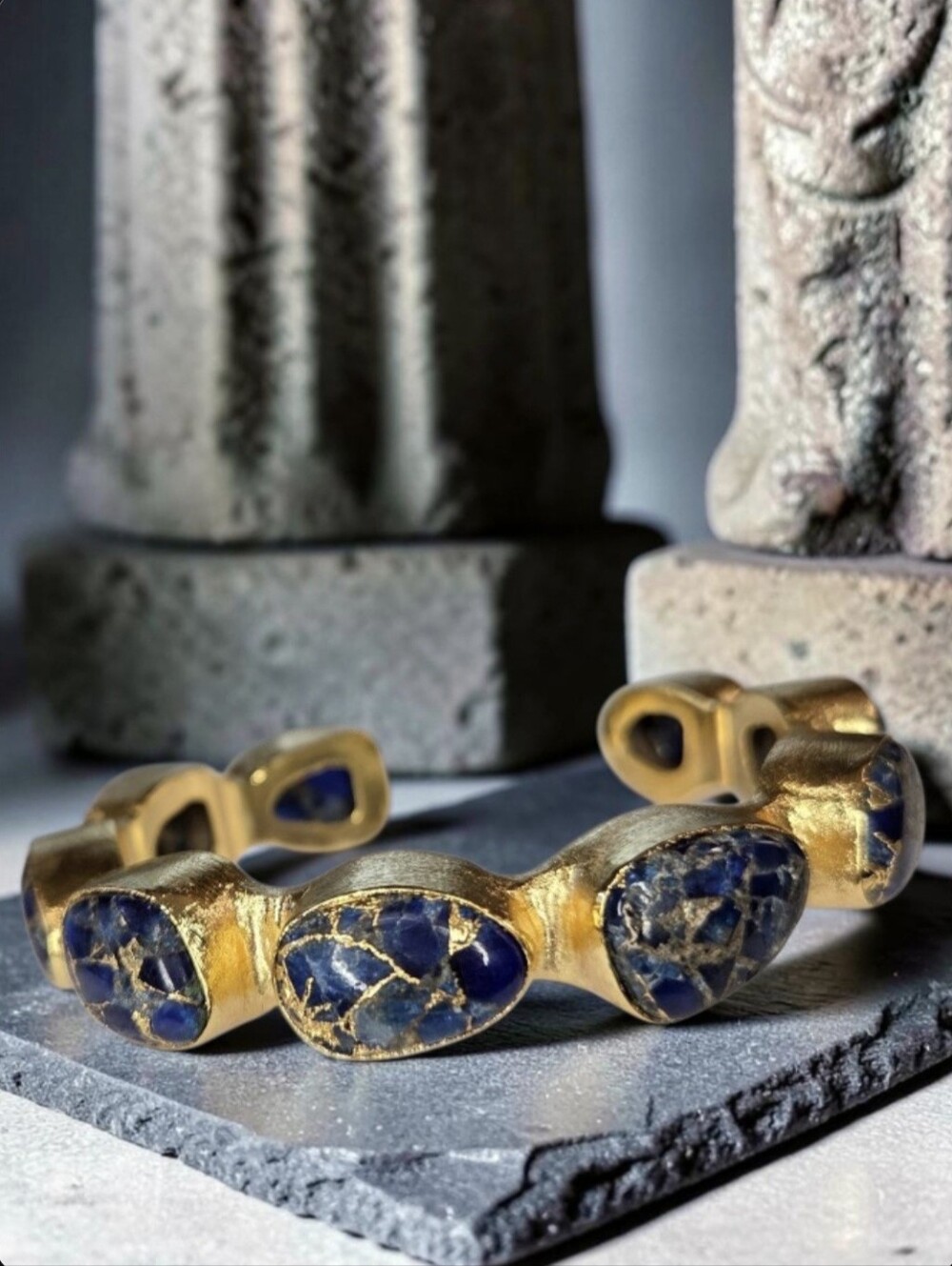 24k Gold Plated  Lapis Lazuli Mohave Turquoise Chunky Artisan Cuff Bracelet